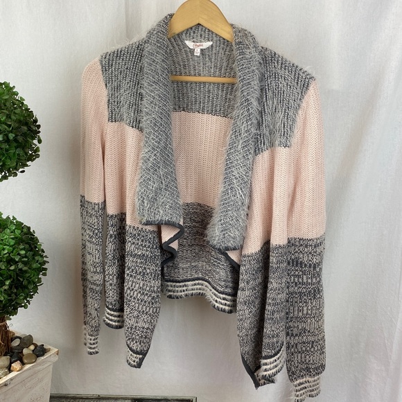 Candies Pink & Gray Fuzzy Cozy Drape Front Open Cardigan Sweater S - Picture 1 of 3
